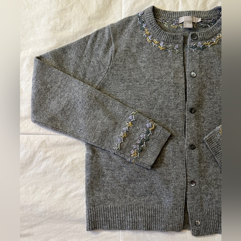 Grey J. Crew 100% Wool Embroidered Cardgian